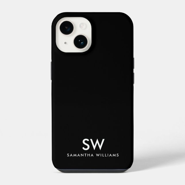 Minimal Black Modern Initial Monogram iPhone 14 Hülle (Rückseite)