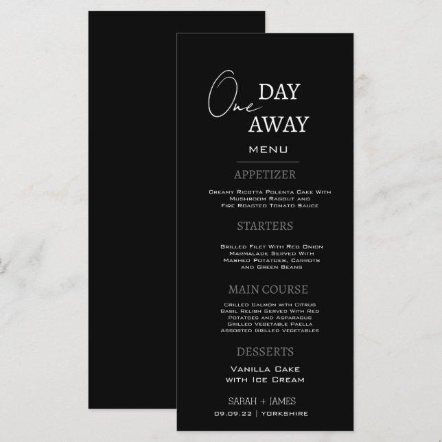 Minimal Black One Day Away Probe Dinner Party Menükarte (Vorne/Hinten)