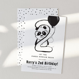Minimal Black & White Panda 2. Geburtstag Party Einladung