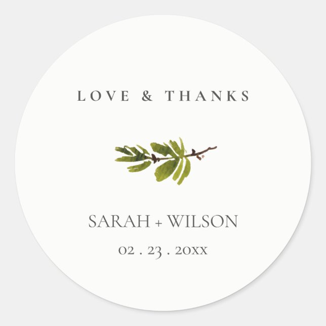 Minimal Black & White Pine Branch Foliage Hochzeit Runder Aufkleber (Vorderseite)