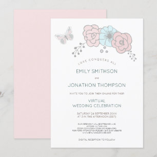 Minimal Bläsernbutterfly Blue Pink Virtual Wedding Einladung