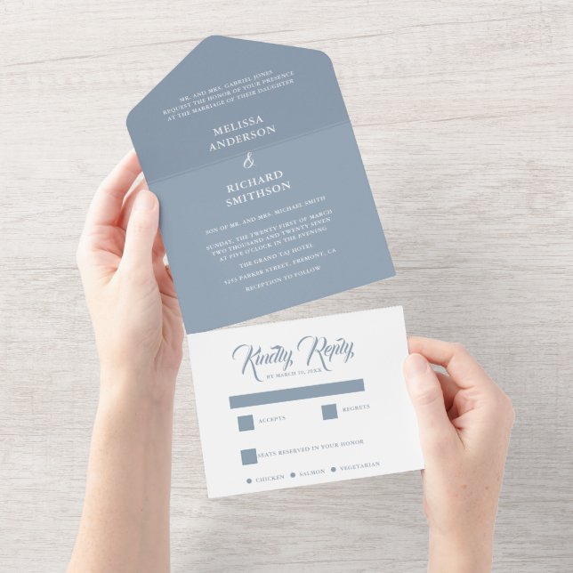 Minimal Blau-Weiß-Hochzeit All In One Einladung (Abreißen)