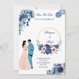 Minimal blaue Blüte mit Hochzeitscouch Einladung