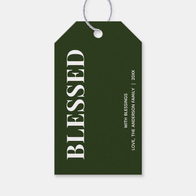 Minimal BLESSED | Waldgrüne Feiertage Geschenkanhänger (Vorderseite)