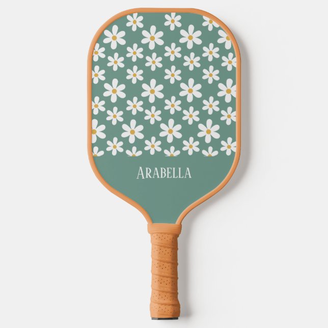 Minimal Blue and White Daisies Personalisiert Boho Pickleball Schläger (Vorderseite)