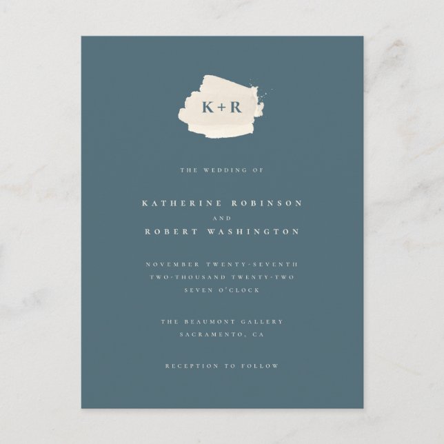 Minimal Blue & Cream Watercolor Initials Wedding Einladungspostkarte (Vorderseite)
