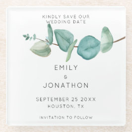 Minimal Blue Eucalyptus Keepake Save the Date Gla Glasuntersetzer