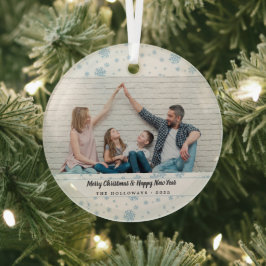 Minimal Blue Snowflakes Holiday Foto Ornament Aus Glas