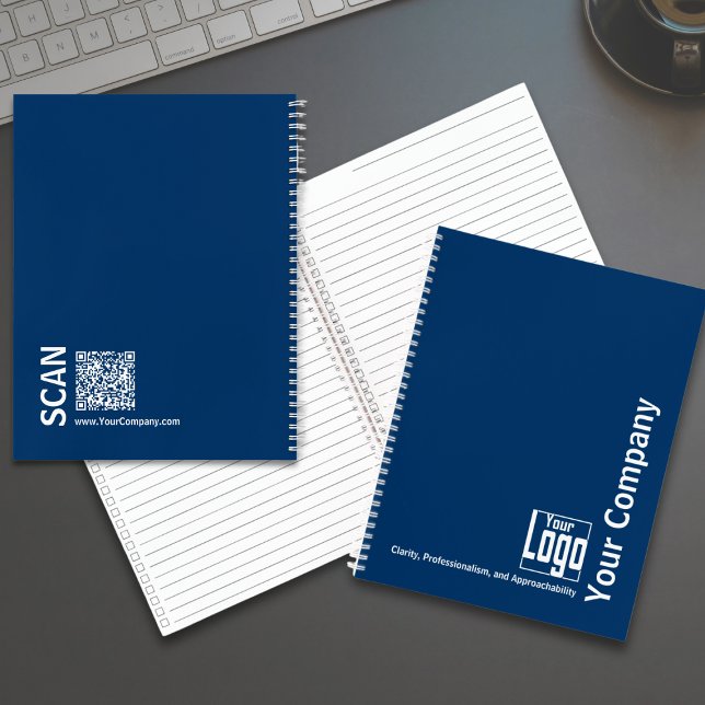 Minimal Blue White Logo Motto Kleine Unternehmen Notizbuch (
Minimal Blue White Logo Motto Small Business Notebook with Logo, Tagline, QR code)