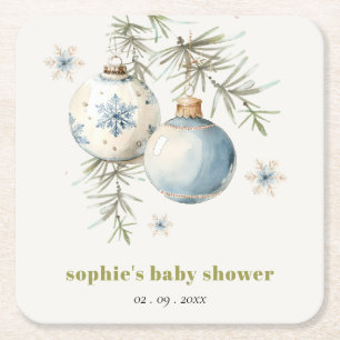 Minimal Blue Winter Weihnachten Babydusche Rechteckiger Pappuntersetzer