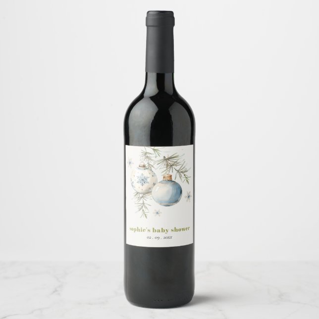Minimal Blue Winter Weihnachten Babydusche Weinetikett (Vorderseite)