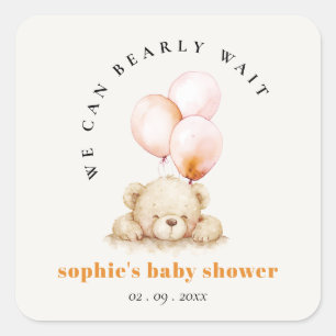 Minimal Blush Bearly Wait Balloon Baby Dusche Quadratischer Aufkleber