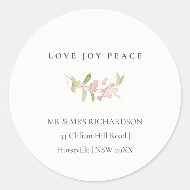 MINIMAL BLUSH ROSE PINK LIEBE FRIEDENHEIT ADRESSE RUNDER AUFKLEBER (Vorderseite)