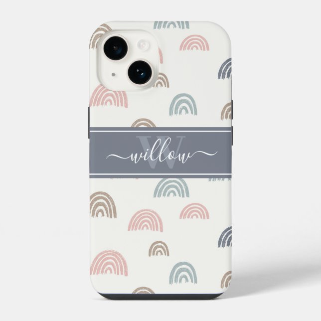 Minimal Boho ästhetische Rainbow Monogram iPhone 14 Hülle (Rückseite)