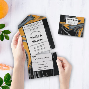 Minimal Boho Black Gold Abstrakte Hochzeit All In One Einladung