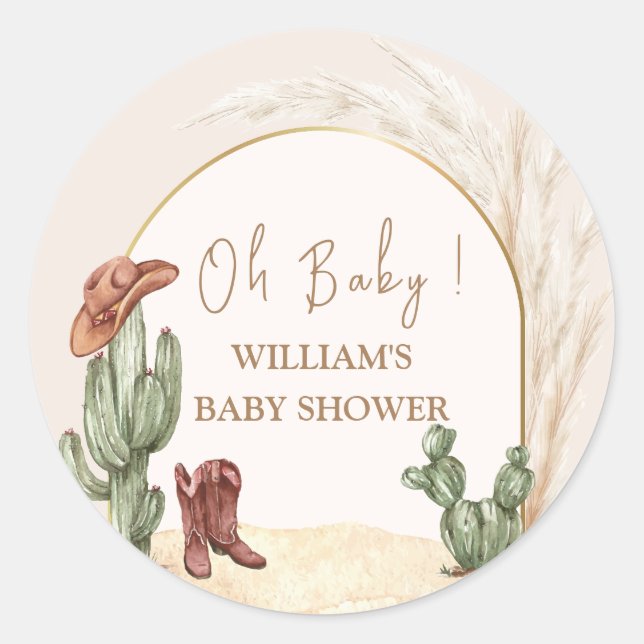 Minimal Boho Cactus Arch Desert Cowboy Babydusche Runder Aufkleber (Vorderseite)
