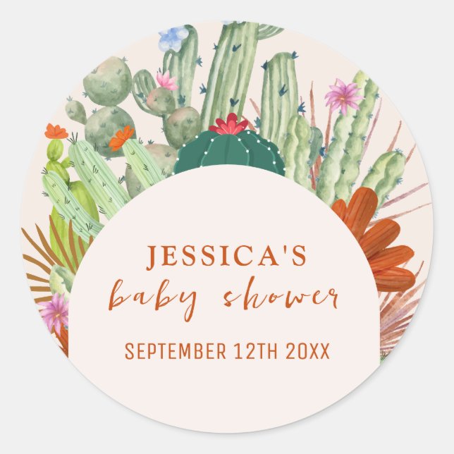 Minimal Boho Cactus Arch Desert Pampas Baby Dusche Runder Aufkleber (Vorderseite)