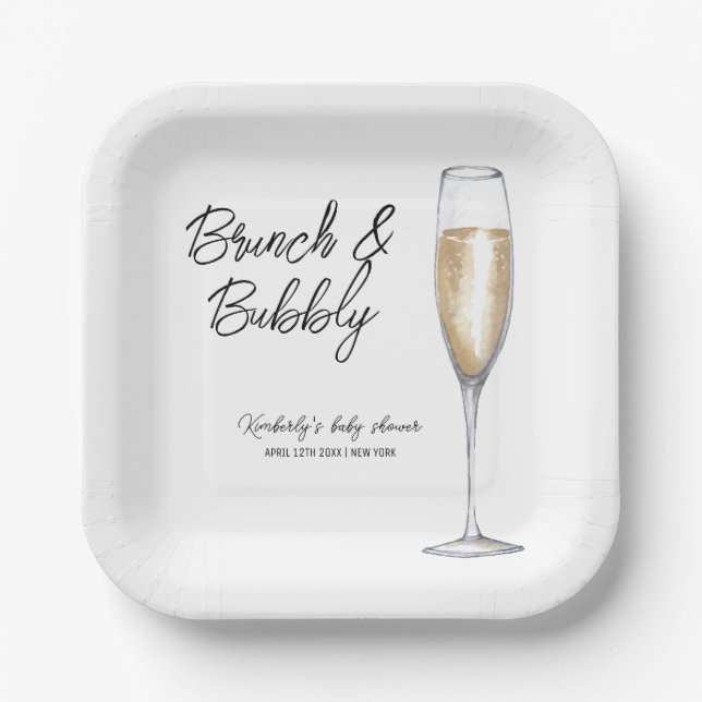 Minimal Boho Champagne Brunch Bubbly Baby Dusche Pappteller (Vorderseite)