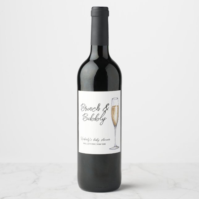 Minimal Boho Champagne Brunch Bubbly Baby Dusche Weinetikett (Vorderseite)