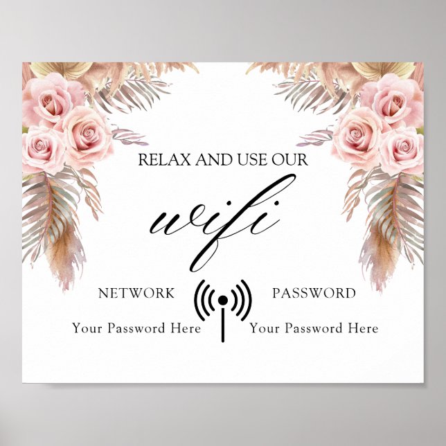 Minimal Boho Floral Wedding Wifi Poster (Vorne)