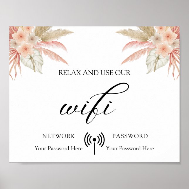 Minimal Boho Floral Wedding Wifi Poster (Vorne)