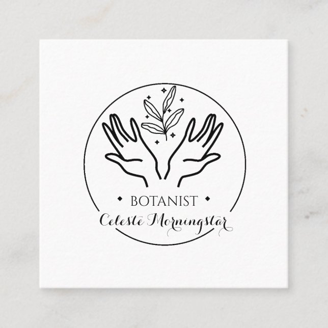 Minimal Boho Hand & Blätter Botanist Logo Square B Quadratische Visitenkarte (Vorderseite)