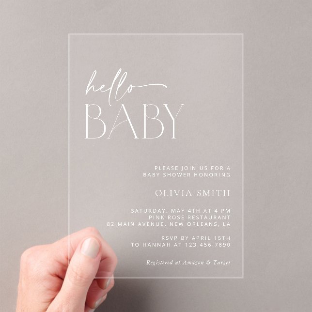 Minimal Boho, Hello Baby, Moderne Babydusche Acryleinladungen (Insitu (Handheld))