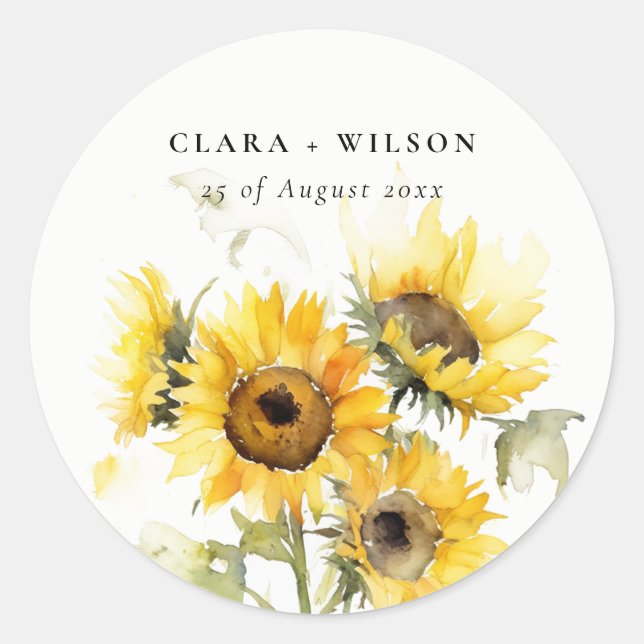 Minimal Boho Wasserfarbe Sonnenblume Rustikale Hoc Runder Aufkleber (Vorderseite)