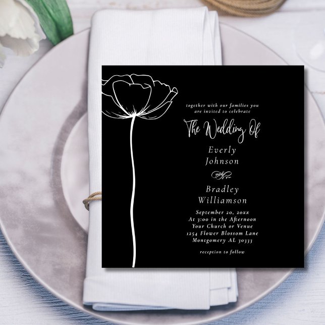 Minimal Bold Square White Floral Black Wedding Einladung (Von Creator hochgeladen)