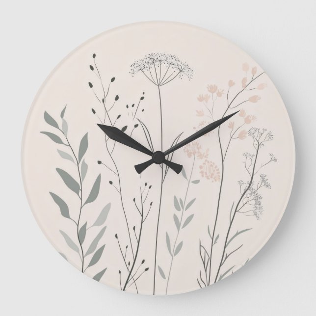 Minimal Botanical Clock – Soft Wildflower Große Wanduhr (Vorderseite)