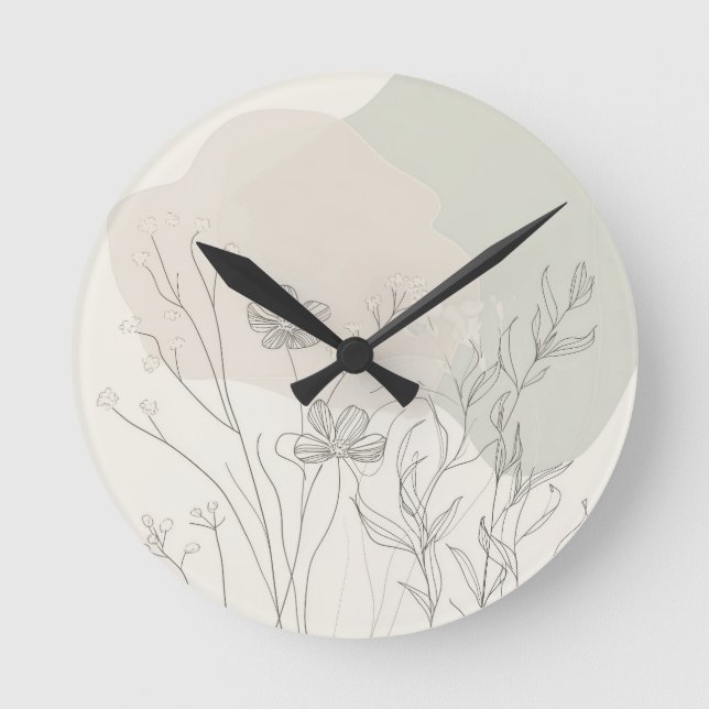 Minimal Botanical Decor – Abstract Wildflower Line Runde Wanduhr (Vorderseite)