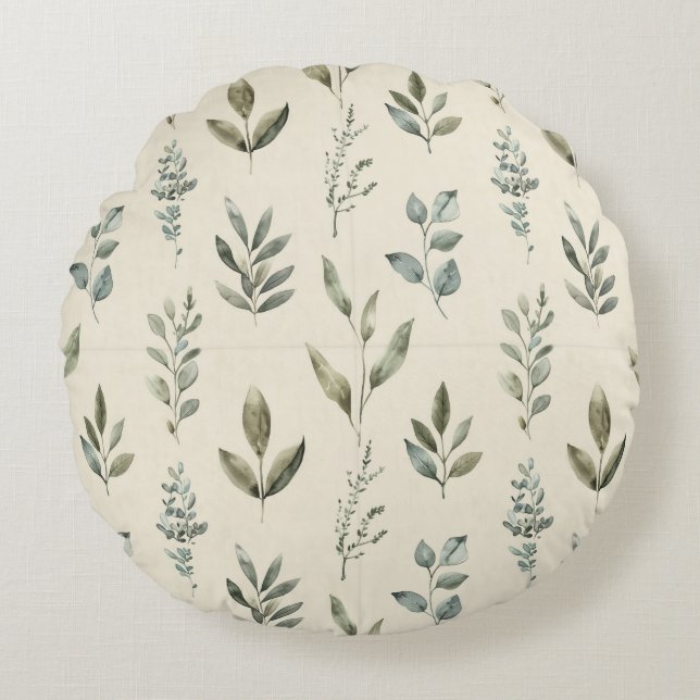 Minimal Botanical Leaf Pattern Rundes Kissen (Vorderseite)