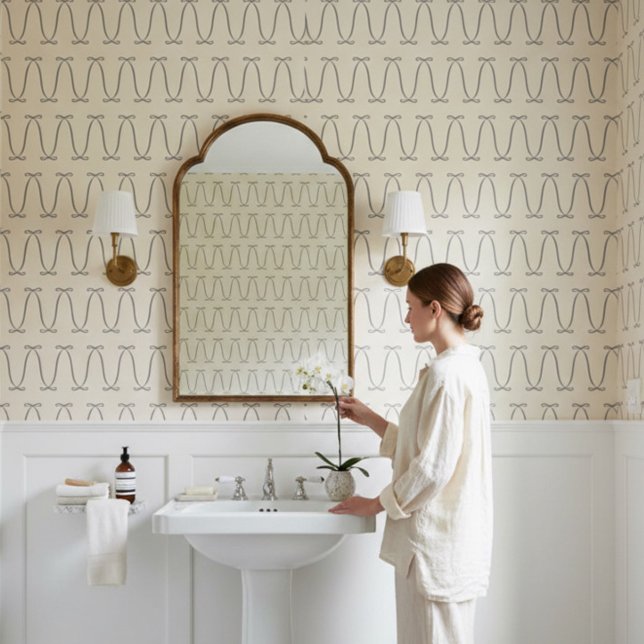 Minimal Bow Pattern Elegant Neutral Modern design Tapete (Stylish modern, coquette charcoal and cream ribbon bow wallpaper )