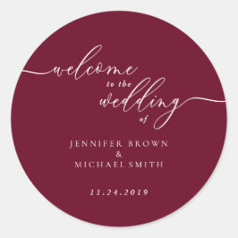 Minimal Burgundy Signature Schriftart Willkommen b Runder Aufkleber