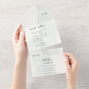 MINIMAL BWATERCOLOR DUSKY BLUE MONOGRAM WEDD ALL IN ONE EINLADUNG