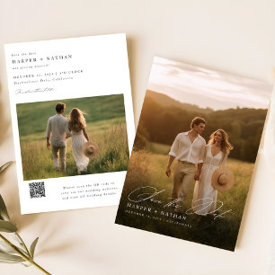 Minimal Calligrafy Foto Wedding QR Code Save The Date