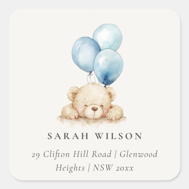 Minimal Chic Blue Bearly Wait Ballon-Adresse Quadratischer Aufkleber (Vorderseite)