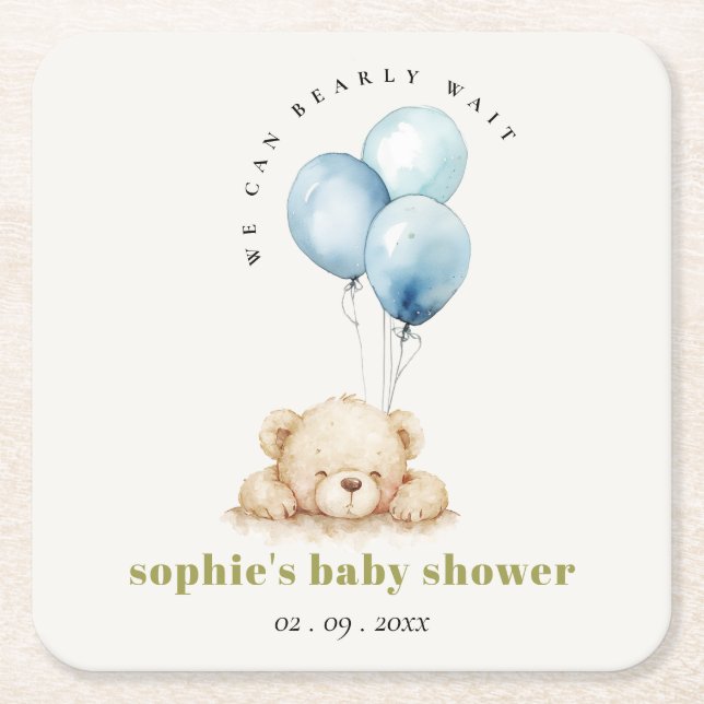Minimal Chic Blue Bearly Wait Balloon Baby Dusche Rechteckiger Pappuntersetzer (Vorderseite)