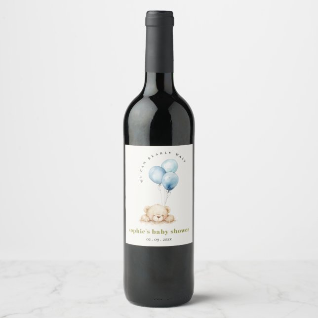 Minimal Chic Blue Bearly Wait Balloon Baby Dusche Weinetikett (Vorderseite)