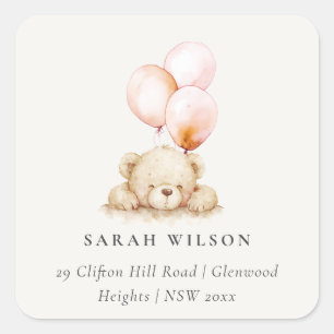 Minimal Chic Blush Bearly Wait Ballon-Adresse Quadratischer Aufkleber