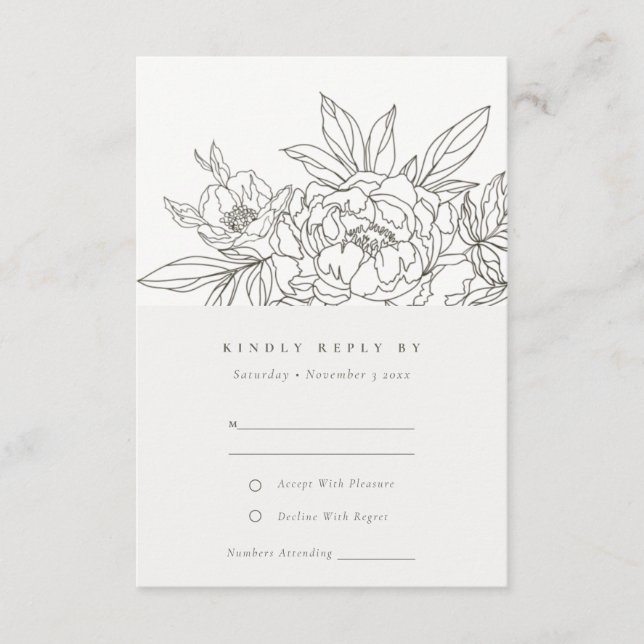 Minimal Chic Brown Floral Sketch Wedding RSVP Begleitkarte (Vorderseite)