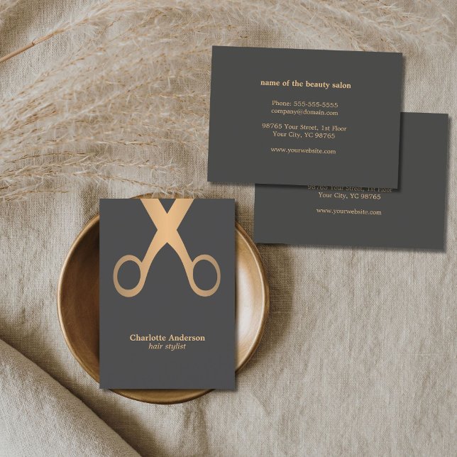 Minimal Chic Gray Imitate Gold Scissor Hair Stylis Visitenkarte (Von Creator hochgeladen)