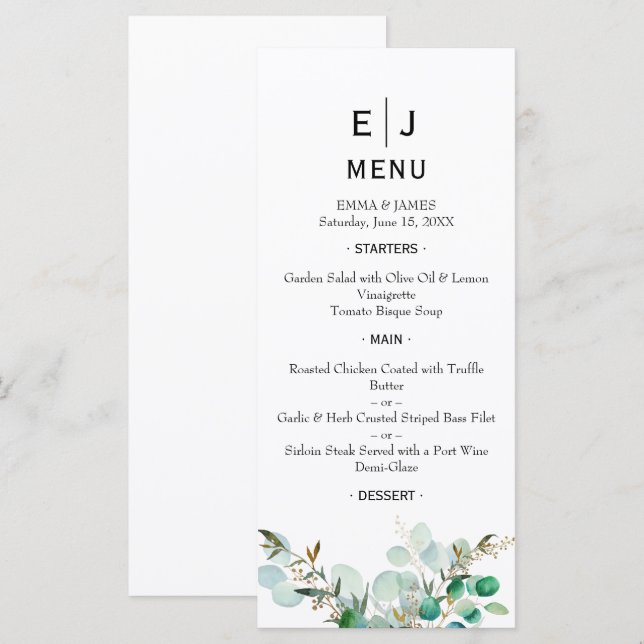 Minimal Chic Greenerity Wedding Menu Menükarte (Vorne/Hinten)