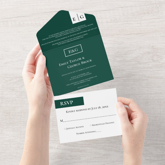 Minimal Chic Monogram Emerald Green Modern Wedding All In One Einladung (Abreißen)