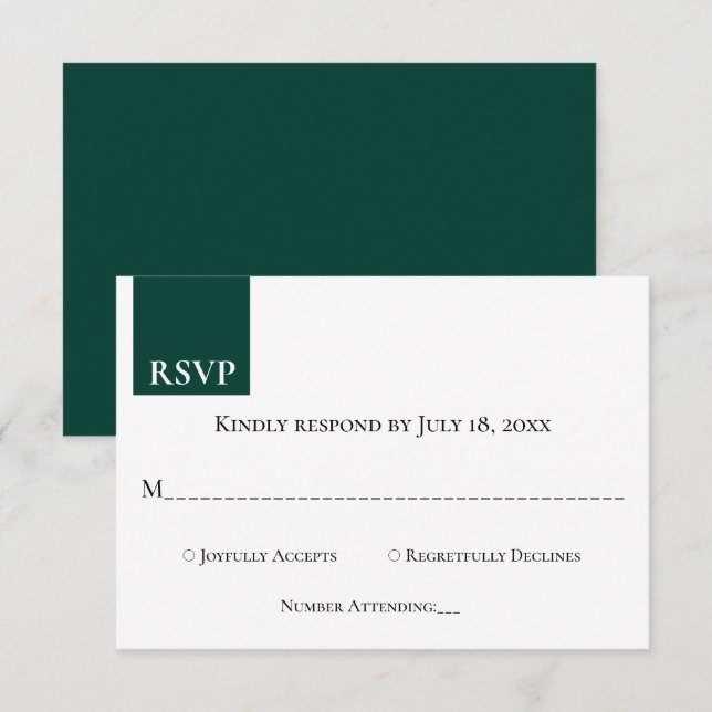 Minimal Chic Monogram Emerald Green Modern Wedding RSVP Karte (Vorne/Hinten)