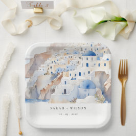 Minimal Chic Santorini Griechenland Wasserfarbenho Pappteller