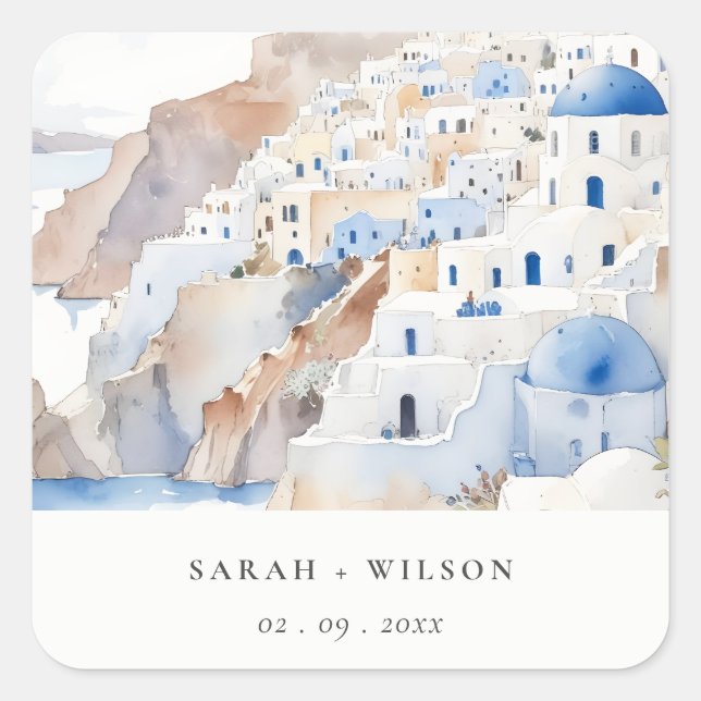 Minimal Chic Santorini Griechenland Wasserfarbenho Quadratischer Aufkleber (Vorderseite)