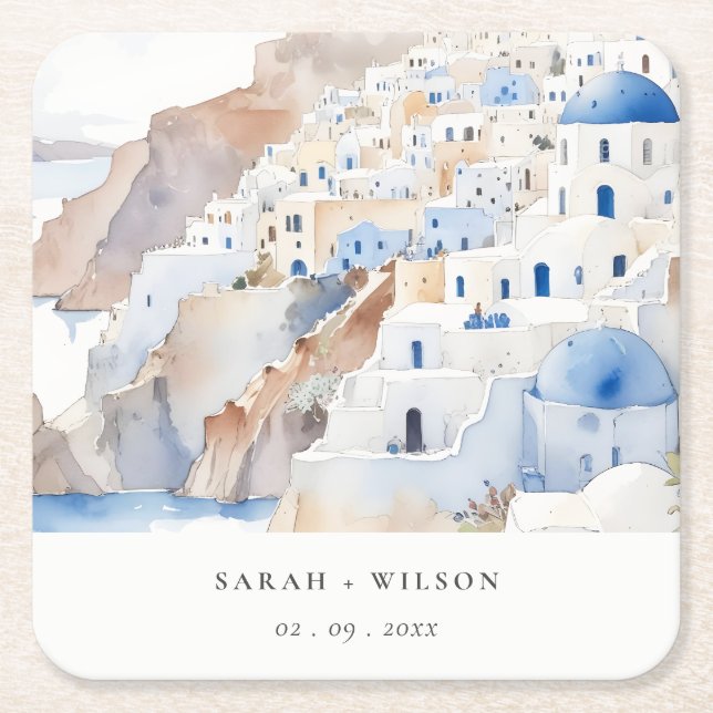 Minimal Chic Santorini Griechenland Wasserfarbenho Rechteckiger Pappuntersetzer (Vorderseite)