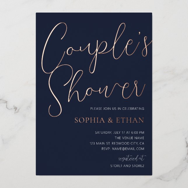 Minimal Chic Script Navy Blue Couples Dusche Folieneinladung (Vorderseite)