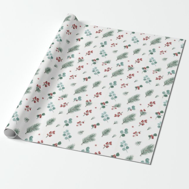 Minimal Christmas Pattern, Pine & Berries  Geschenkpapier (Ungerollt)